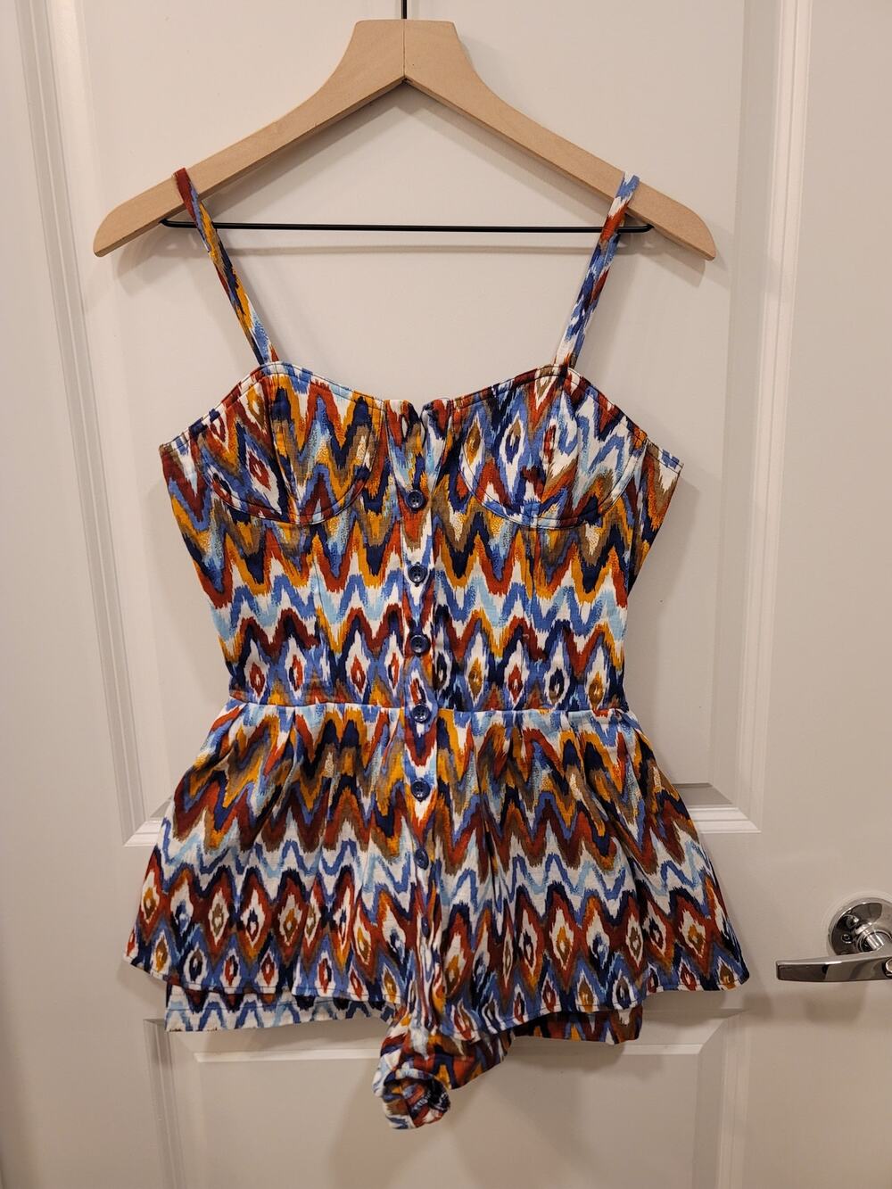 Mimi Chica Linen Romper in Retro Chevron